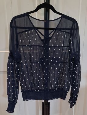 Free People Navy Polka Dot Sheer Peasant Blouse